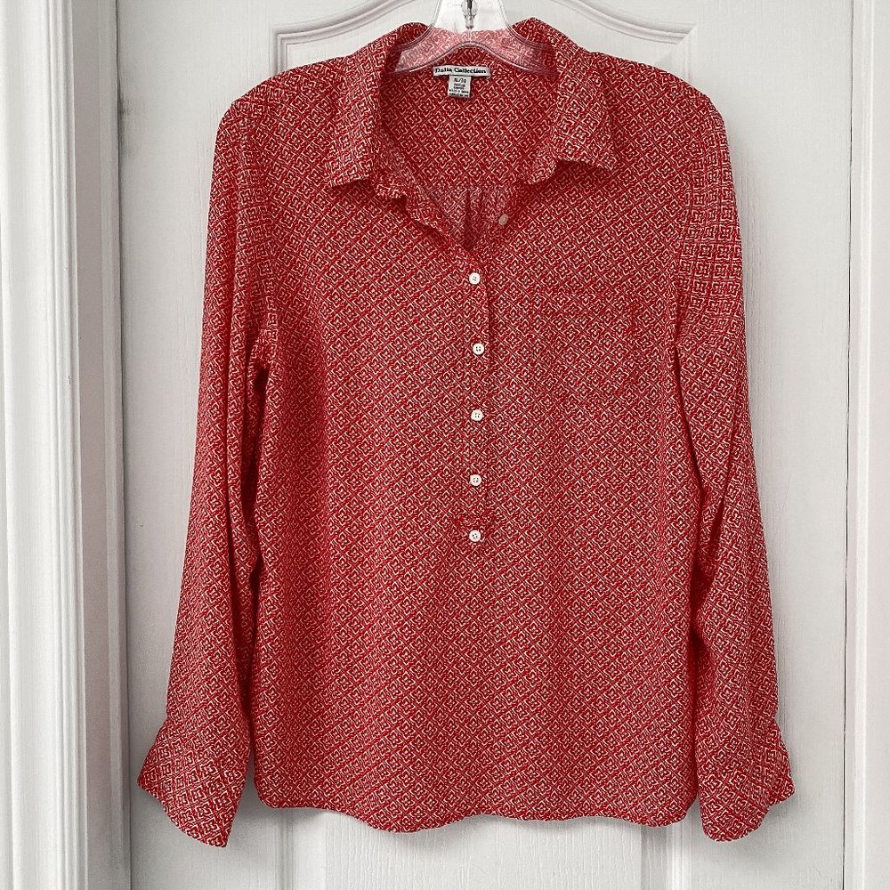 Dalia Collection Coral Red Blouse XL Fitted Button Front Lightweight Workwear